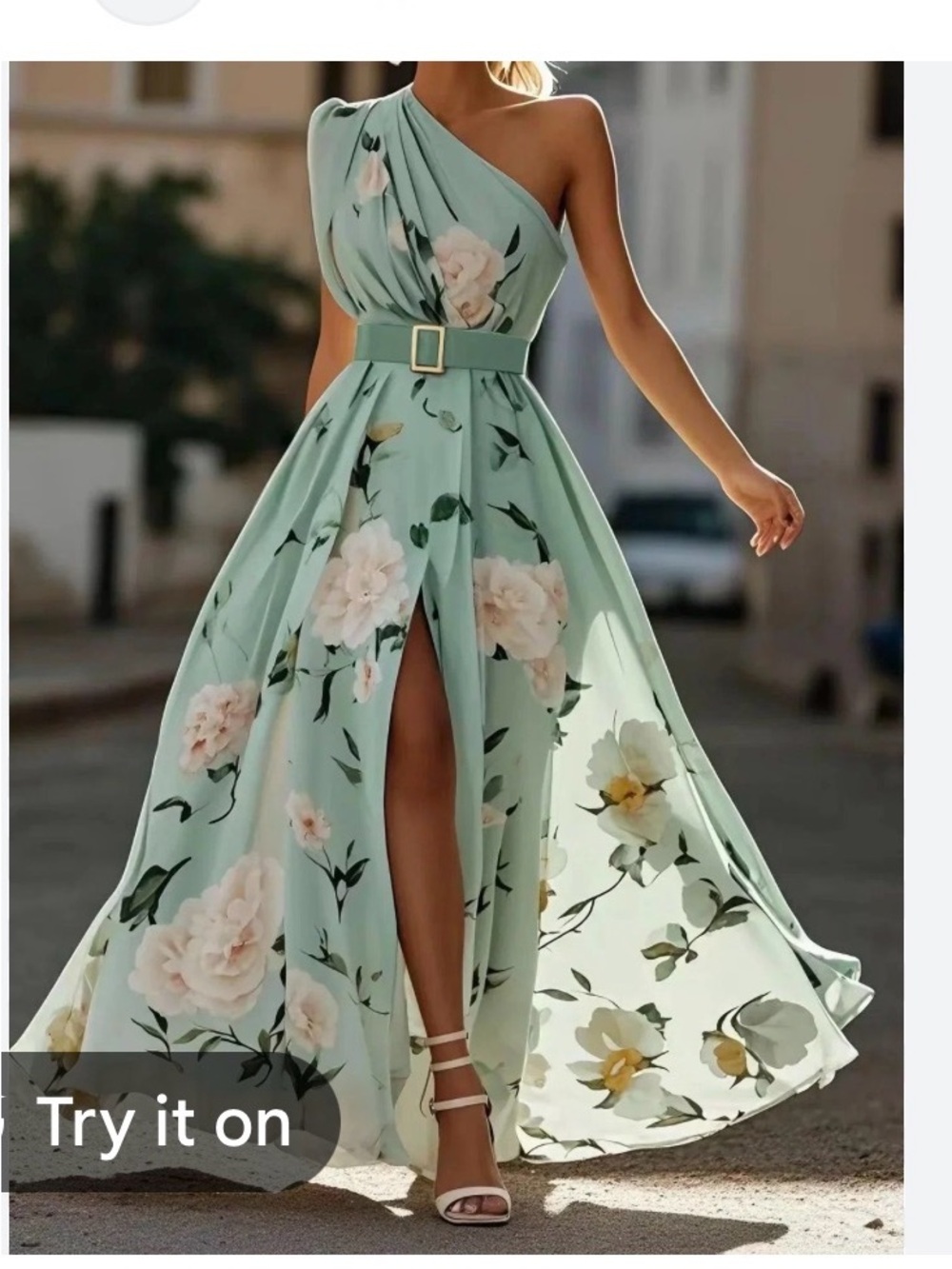 One-Shoulder Mint Floral Maxi Dress with Belt